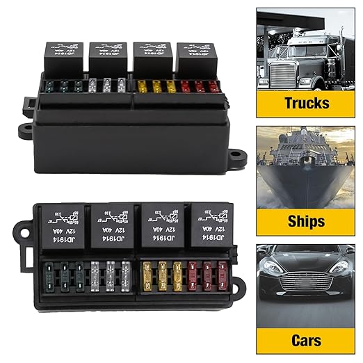 12 Volt Fuse Relay Box with 4 Relays and 12 Way ATCATO Fuses Sealed 12 Volt Relay Fuse Holder Compatible for Automotive, Marine