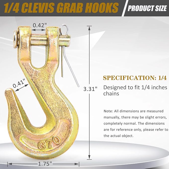 14 Chain Hook, Heavy Duty 14 Chain Hooks, 3600Lbs Working Load G70 Clevis Grab Hook 14 Inch for Trailer Truck Tow Chain Transport -Yellow Chromate Finish (4 Pack)