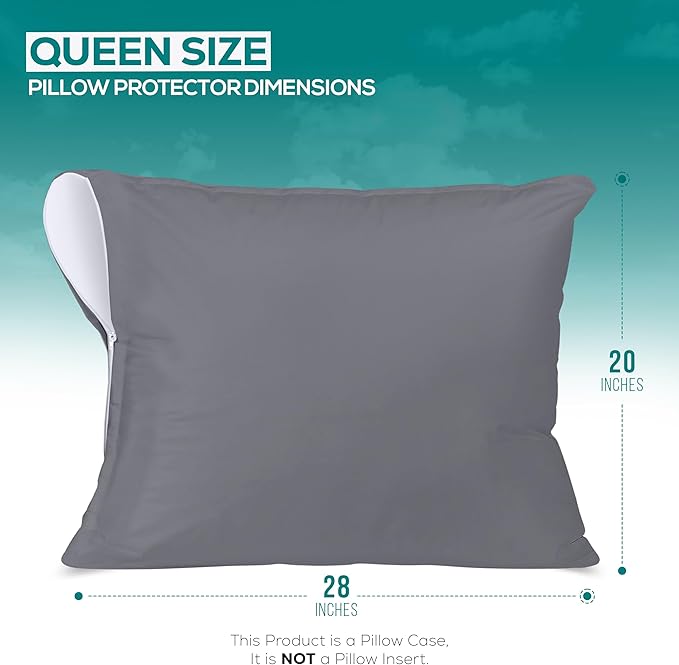 Utopia Bedding Waterproof Pillow Protectors Zippered Queen Size (2 Pack, Gray), Zippered Pillowcases, Bed Bug Proof Pillow Encasement Covers 20 x 28 Inches