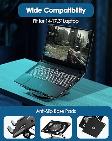 Gaming Laptop Cooling Pad with 360 Rotation Base, Ergonimic Aluminum Laptop Cooling Stand with 3 Speed Fan, Adjustable Height Laptop Cooling Pad for 10-17.3'' Notebook - Silver