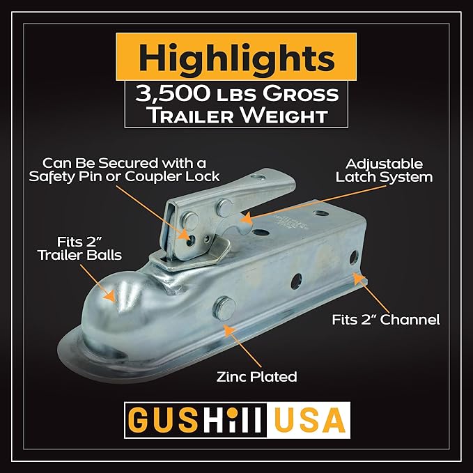 USA GH 25153 Straight Tongue Trailer Coupler for 2-Inch Channel, 2-in Hitch Ball, 3,500 lbs, Zinc Plating