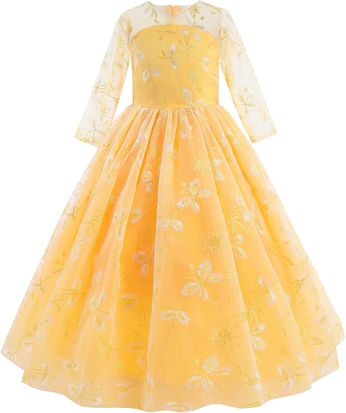 Flower Girls Long Lace Bridesmaid Dress 3/4 Sleeves Floor Length Wedding Party Evening Formal Pegeant Maxi Tulle Ball Gowns