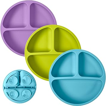 WeeSprout Suction Plates for Babies Toddlers - 100 Silicone, Dinnerware Stays Put, Divided Design for Picky Eaters, Microwave Dishwasher Friendly, 3 Pack