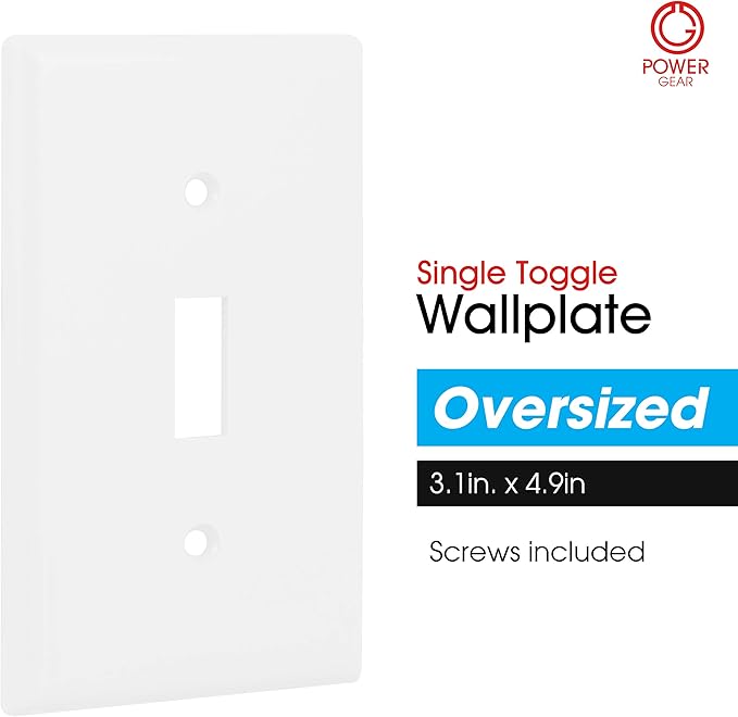 Power Gear Single Oversized Wall Plate Cover, 1 Gang, Light switch cover, 3.1” x 4.9”, Outlet Covers, Screws Included, White, 30598