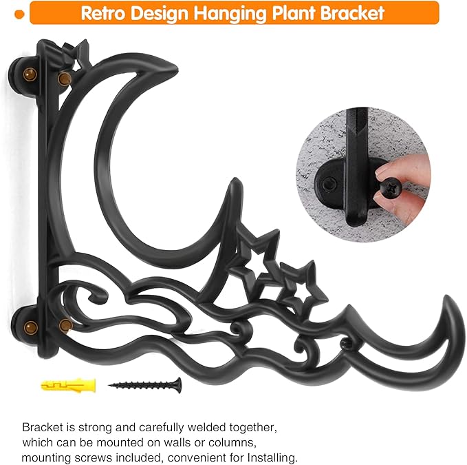1pc 13 Inch Heavy Duty Hanging Plant Bracket, Moon Star Metal Hanging Hook Wall Art Décor Outdoor Indoor, Durable Rust-Resistant Plant Hanger Hook for Hanging Plants Birdhouse Lantern Wind Chime