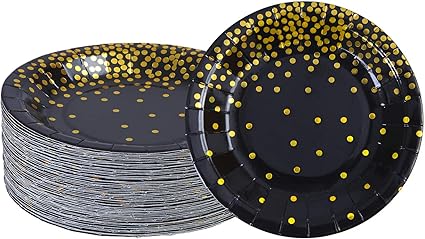Aneco 60 Pieces 7 Inches Black Bronzing Disposable Paper Plates Dinnerware Plates Gold Foil Polka Dot Plates for Party Graduation Wedding Anniversary Birthday