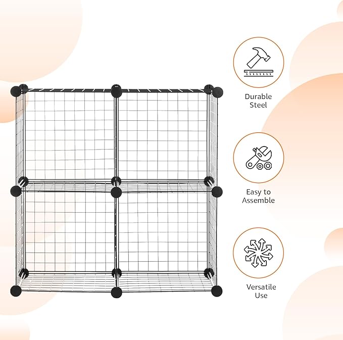 Basics 4 Cube Storage Organizer - Wire Grid Closet and Shelves, Stackable, Black 14"x14"x14"