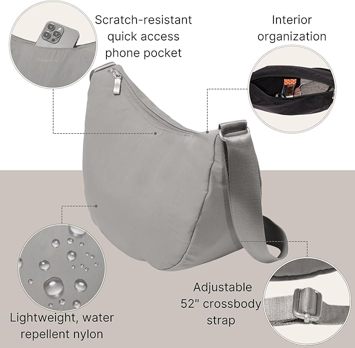Baggallini Swift Crescent Crossbody Bag for Women - Lightweight 12"x8" Travel Purse Handbag
