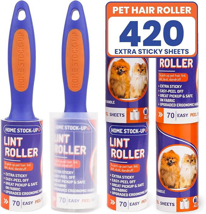 Lint Rollers for Pet Hair Extra Sticky - Includes 420 Sheets6 Lint Roller Refills with 2 Durable Handles 1 Cover - Pet Hair Roller for Clothes - Lint Remover for Clothes, Furniture, Carpet etc