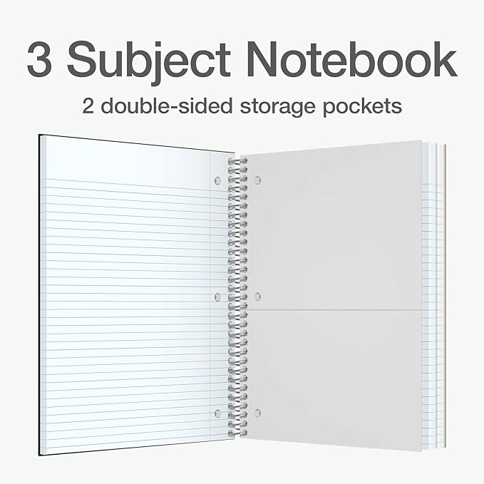 Oxford 3 Subject Spiral Notebook, Notebooks for School, Plastic Covers, Back to School Supplies, College Ruled, 150 Sheets, 2 Pack, Black and Blue (1009293)