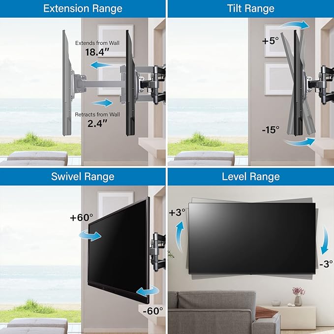 Full Motion TV Mount Articulating Arm TV Wall Mount Bracket for 37-80 Inch LED, LCD, OLED, 4K, Flat Curved TV, VESA Max 600x400, Holds 88lbs, Black