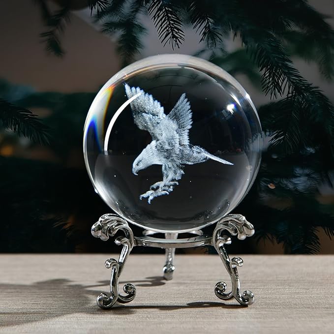 3D Engraved Eagle Crystal Ball with Stand Laser Etched Glass Eagle Figurine Carving Crystal Sphere Paperweight(2.4 in)
