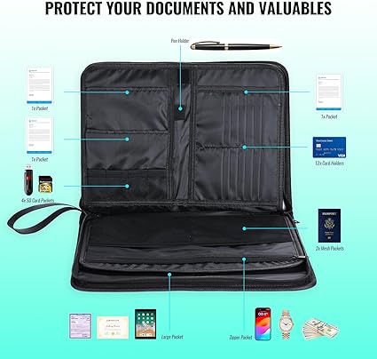 Expanding Accordion File Organizer with Handle, Fireproof Document Bag Organizer, 13 Pockets Important Documents Folder with Zipper & Labels for Letter A4 Files and More