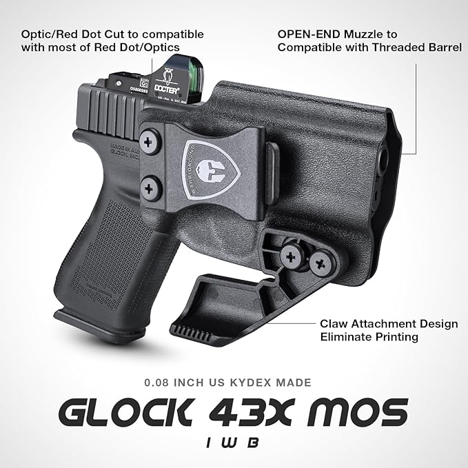 WARRIORLAND IWB Kydex Holster wClaw Optics Cut Compatible with Glock 43 G43X G43X MOS Pistol, Inside Waistband Concealed Carry Holster, Adj. Retention Cant, Right Hand