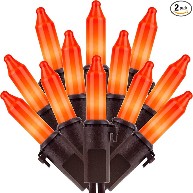 200 Count Orange Christmas Lights, Pack of 2 Strands 100 Count 33 ft Brown Wire UL Listed Halloween String Light (Orange)