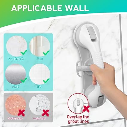 2-Pack Shower Handle Safety Grab Bars with 3 Suction Cups for Bathtubs and Showers - Bathroom Rails Aid for Seniors, Elderly, Handicap - Wall Bath Tub Toilet Support (Grey)