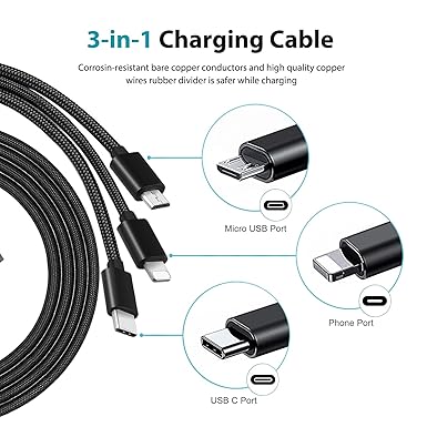3-in-1 Replacement Charging Cable for Beats Headphones & Pill+ 2.0 Speakers – Solo, Studio, Powerbeats, Fit Pro, Flex, Beats X