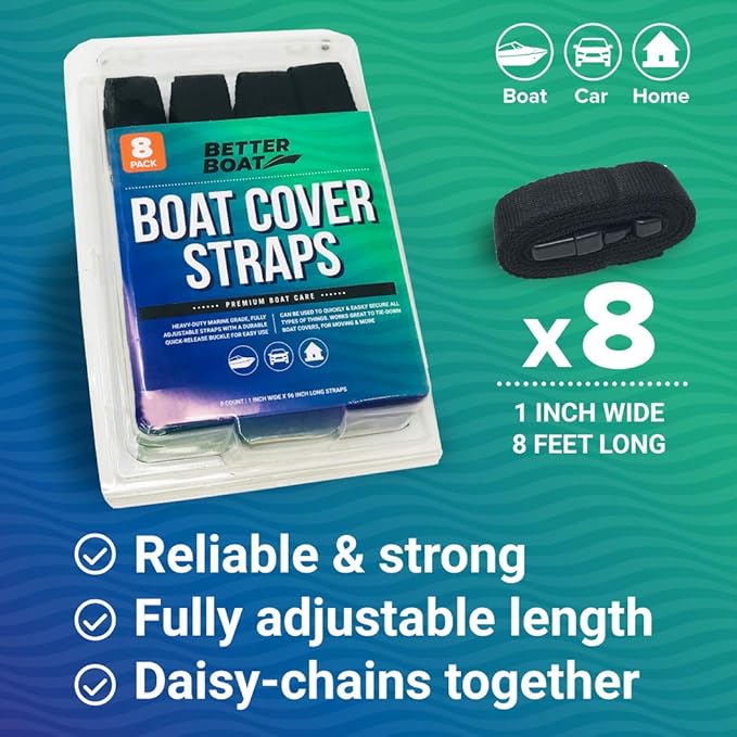 Boat Cover Straps, Adjustable Buckle, 8 Pack, 1" x 96" Nylon Utility Straps with Quick Release Buckles