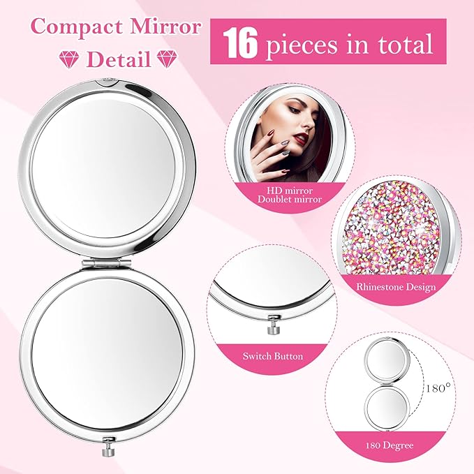 Maitys Compact Mirror Bulk for Purses Small Cosmetic Folding 2.75 Inch Round Diamond Bling 1X 2X Magnifying Pocket Makeup Mirror for Women Wedding Gift, Pink Silver