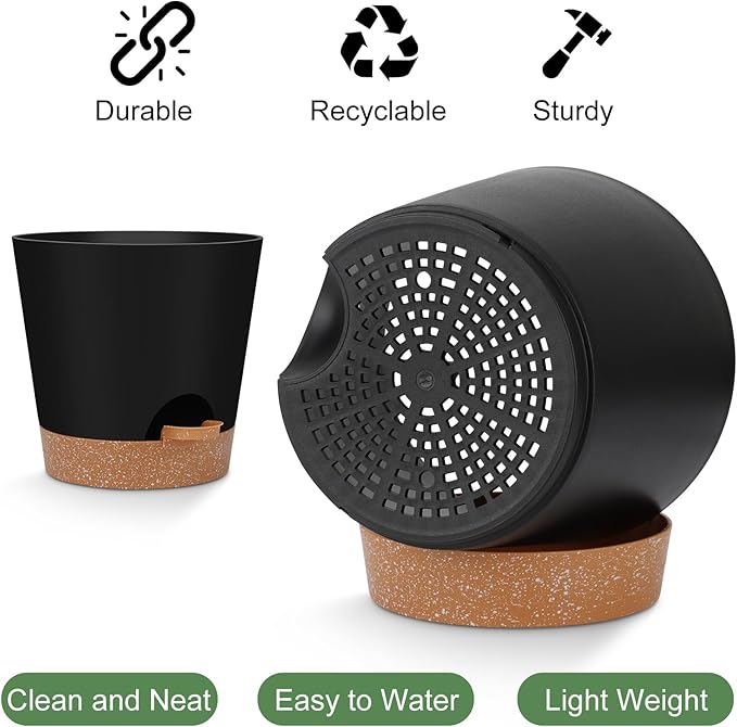 Indoor self-watering pots with drainage holes and saucers, 8, 7, 6.5, 6, 5.5, 5 inches, black color, 6 pots