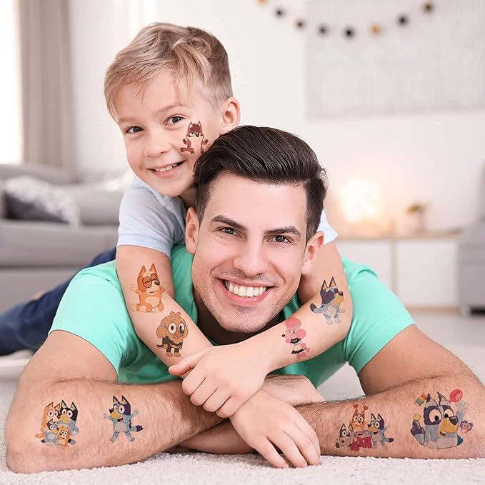 Temporary Tattoo Set for Kids Bluey,4 Sheets Kids Tattoos Stickers for Kids Birthday Gift Bags for Kids, Thoughts for Girls and Boys