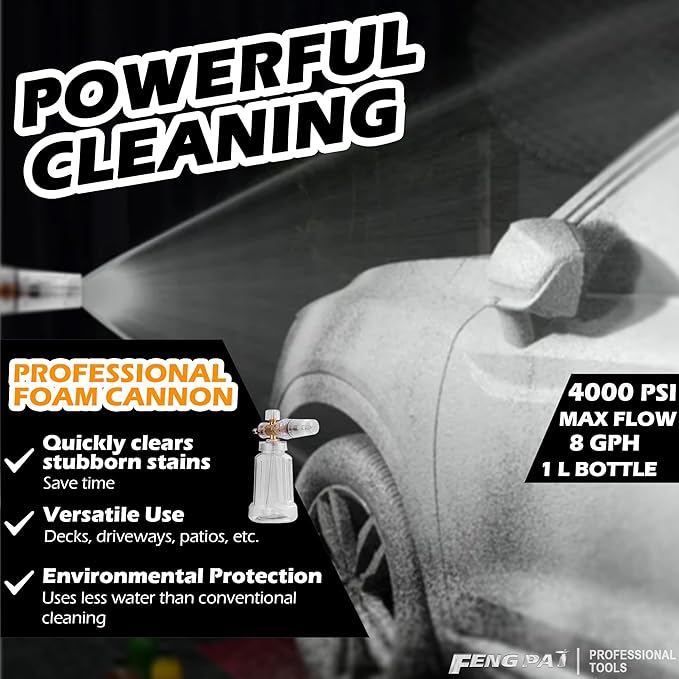 Foam Cannon - Pressure Washer Gun with 14 Inch Quick Connect and Adjustable Nozzle Car Wash Sprayer with 1 L Bottle, Professional Car Foam Cannon Fits Most Power Washing Accessories (4000 PSI)