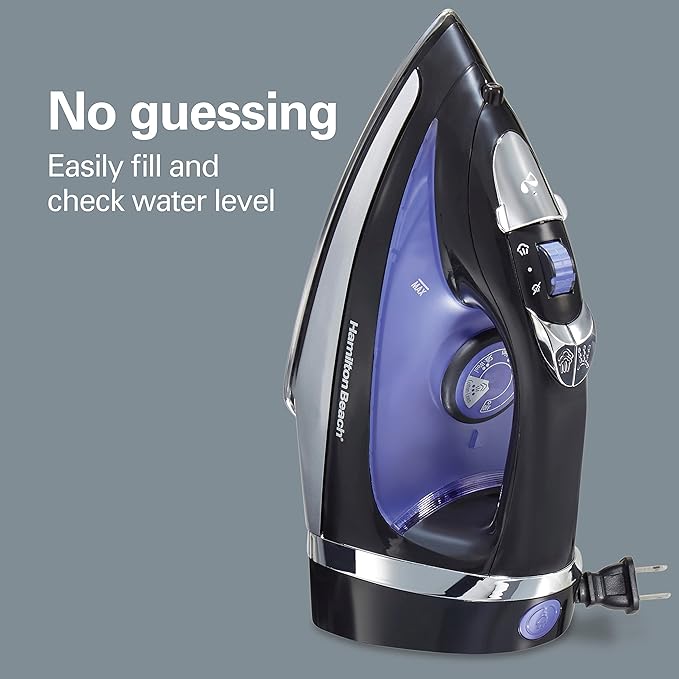 Hamilton Beach Steam Iron for Clothes Garment Steamer with Smooth Press Stainless Steel Soleplate, 1200 Watts, 8Ao Retractable Cord, Black (14214)