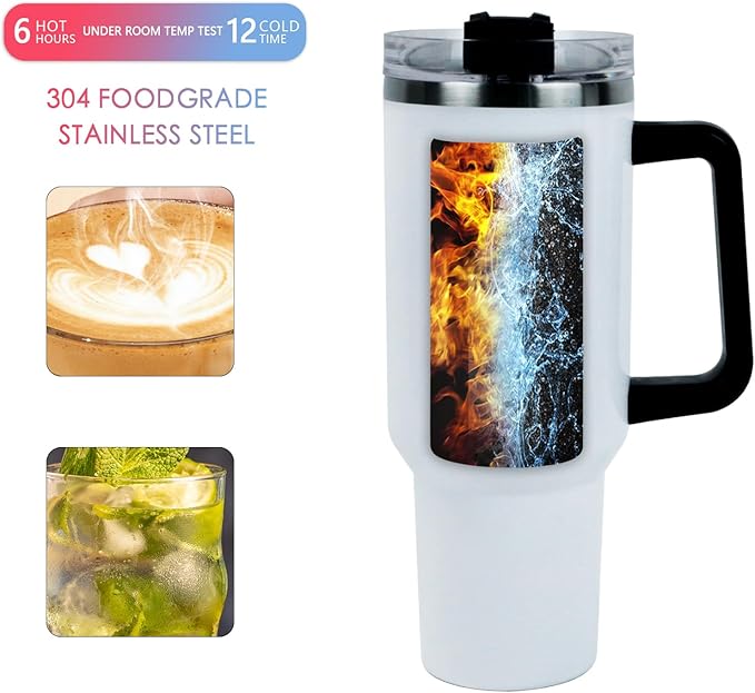 40 oz Sublimation Blank Rainbow Tumbler with Handle and Straw Lid Insulated Cup Reusable Stainless Steel Water Bottle Travel Mug for Water,Coffee (black handle mug)