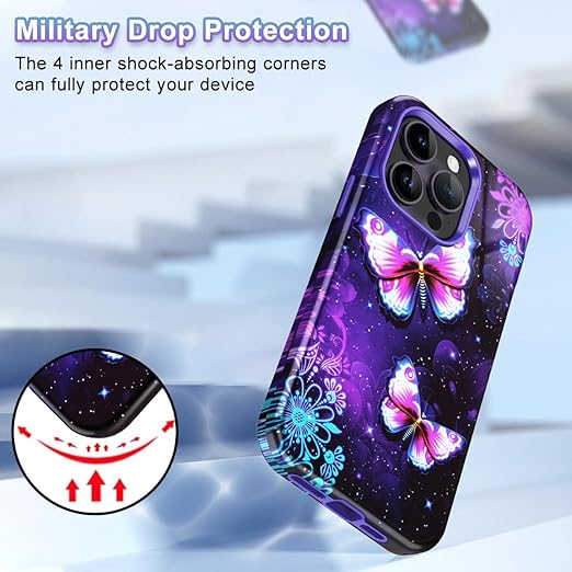 CASEFIV Compatible with iPhone 14 Pro Case,Marble Pattern 3 in 1 Heavy Duty Shockproof Full Body Rugged Hard PC+Soft Silicone Drop Protective Women Girls Cover for iPhone 14 Pro, Purple Butterfly