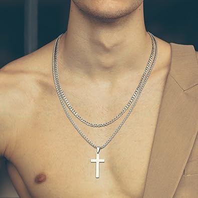 LUXEJEW Cross Necklace for Men - Gold Silver Black Stainless Steel Cross Pendant Necklace Layered Cuban Link Chain Box Chain Mens Jewelry Gifts