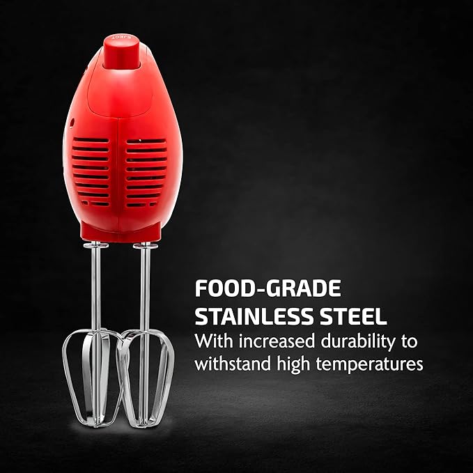 OVENTE 5-Speed Electric Hand Mixer with Stainless Steel Mixing Whisk, Snap-On Storage Case, Portable Lightweight 150W Motor, Compact Handheld Mixer for Baking, Blending or Cooking, Red HM151R