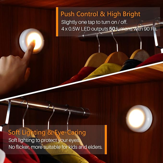 STAR-SPANGLED Push Tap Light, 2.8 Mini Night Touch LED Puck Lamp, Portable Under Cabinet Lighting AAA Battery Operated Powered, DIY Stick On Lights for Closet, Counter, Kitchen, Warm White, 5 Pack