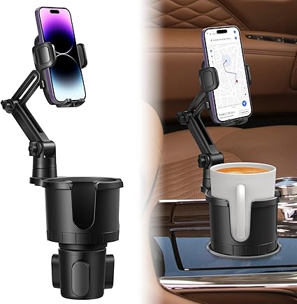 2 in 1 Large Cup Phone Holder Cupholder Extender for Car with Expandable Base, Cup Holder Expander for 18-40oz Drink Bottles, Mug and Phone Holder with 360 Adjustable Arm Fits All Smartphone