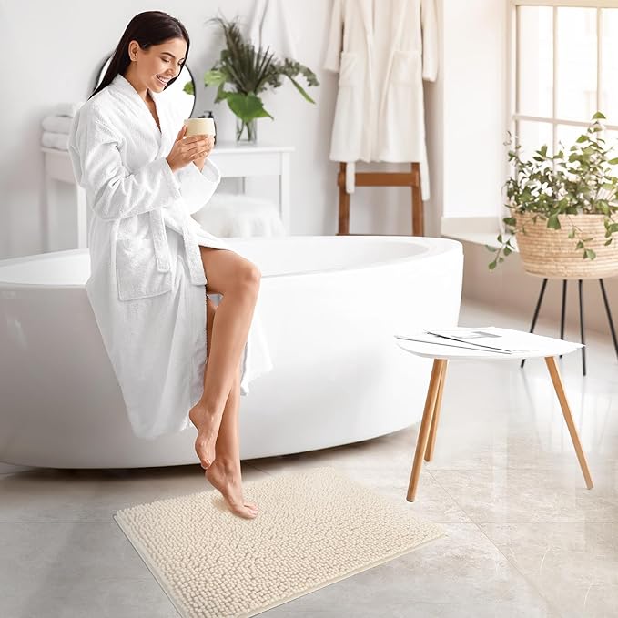 TECHMILLY Soft Fluffy Chenille Bathroom Rugs, Non Slip Absorbent Bath Mats for Bathroom, Washable and Quick Dry, Navy, 17" x 24"