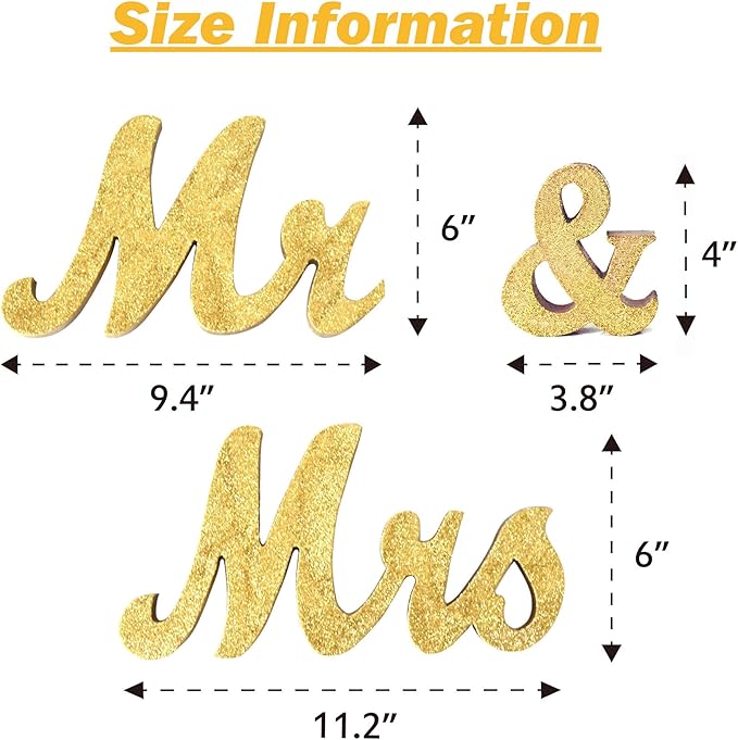 Mr and Mrs Tabletop Wedding Decoration - Wooden Freestanding Letters for Photo Props - Golden Glitter Decor Gift for Bridal Shower Anniversary Party