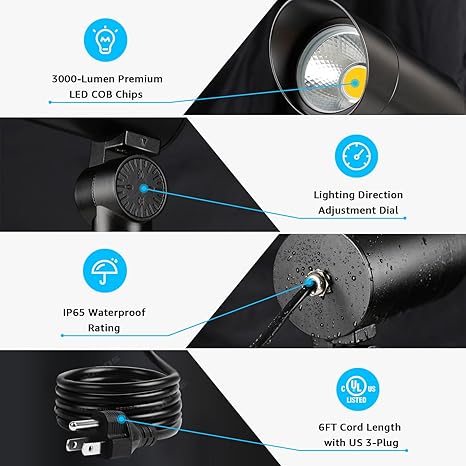 SUNVIE 30W Spot Lights Outdoor 5000K Dusk to Dawn Flag Pole Light 120V Plug in Landscape Spotlight with Photocell Sensor Ultra Bright Bullet LED Spotlight for Yard Garden Tree Statue