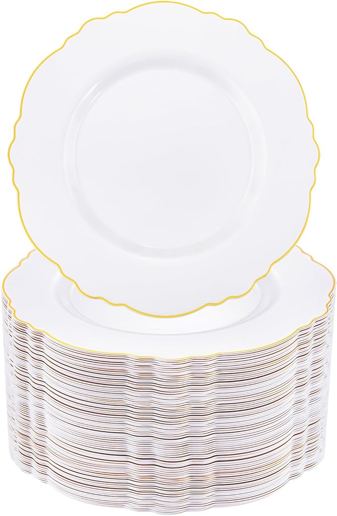 WDF 60pcs Gold Plastic Plates Gold Rimmed Plastic Plates -10.25inch Baroque White And Gold Plastic Wedding Plates Disposable Dinner Plates for Upscale Parties &Wedding