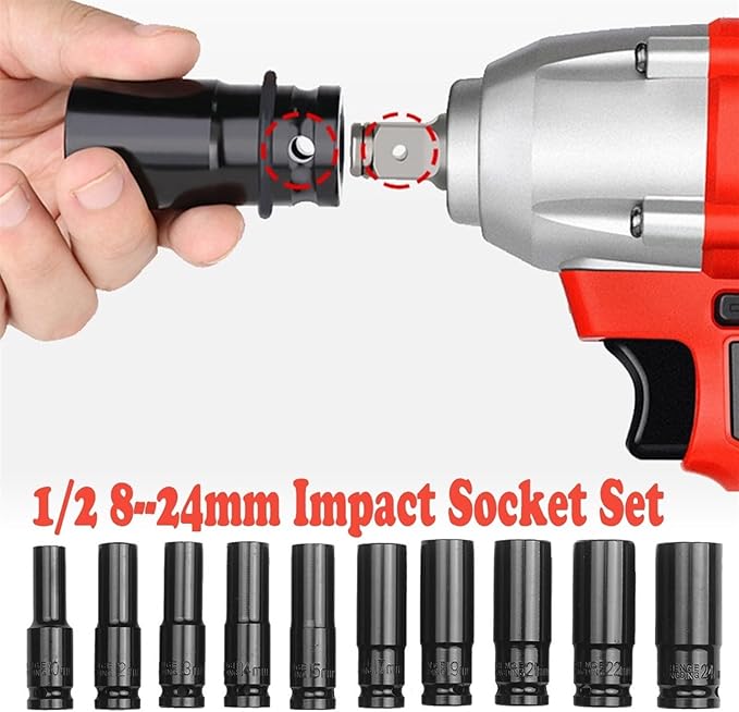 125PC 12 Impact Socket Set Head 8-24mm Deep Long Socket Pneumatic Wrench Mechanical Workshop Tools Garage for Car Drive Repair Socket Socket(M1 12PCS)