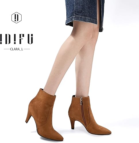 IDIFU Women's CLARA-Z Pointed Toe High Heel Ankle Booties Zipper Buckle Strap Short Boots