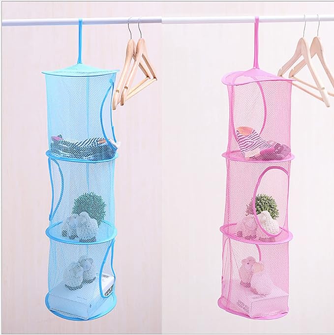 Mesh Hanging Storage Basket With 3 Compartments Foldable Hanging Storage Organizer Net Bag for Toys Storage, Space Saver Sundries Clothes Bra Underwear Socks Drying Basket Laundry Hamper (Pink)