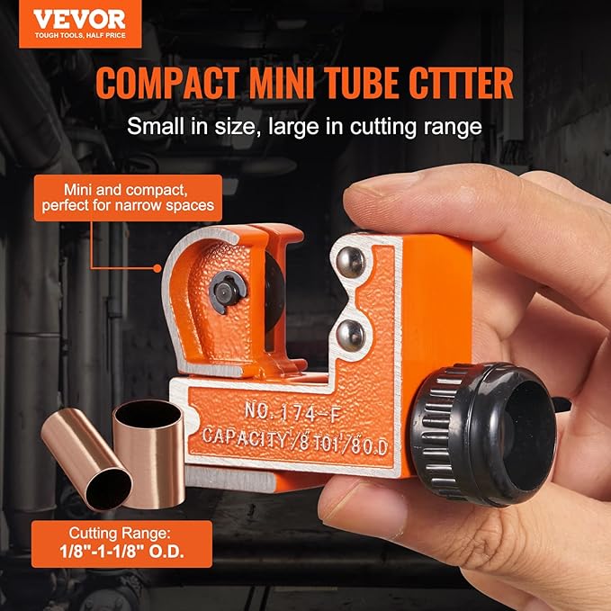 VEVOR Mini Copper Tubing Cutter, Mini Tubing Cutter for 18 to 1-18 Inch Copper Tubing, Heavy Duty Portable Tube Cutter with High-Speed SKD Blade for Aluminum, Plastic, Galvanized Pipes
