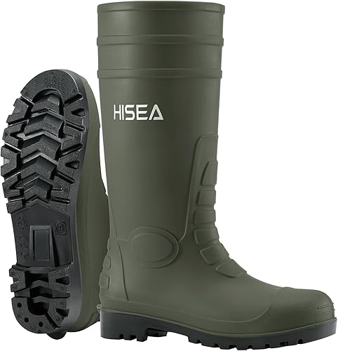 HISEA Men's Rain Boots with Steel Shank, Waterproof Rubber Protective Footwear, Seamless PVC Rainboots Outdoor Work Boots, Durable Garden Fishing Tall Kneed Boot for Agriculture and Industrial Working