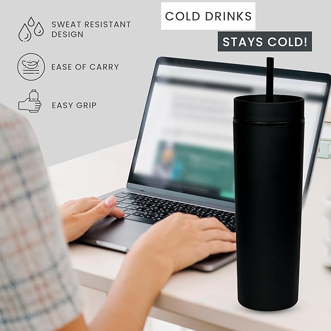 SKINNY TUMBLERS 4 Pack - Matte Pastel Colored Acrylic Tumbler with Lid and Straw- Perfect for Home, Parties, Travel 16oz Double Wall Reusable Plastic Tumbler w Straw Cleaner INCLUDED,BLACK