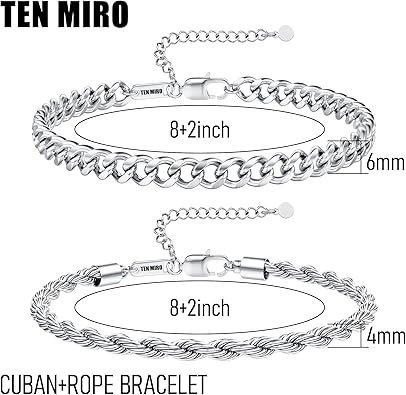 TEN MIRO 2-Piece Silver Bracelet for Men - Sweatproof Mens Silver Bracelets Non Tarnish Rope Cuban Link Chain Bracelet Set Exclusive Jewelry Gifts for Men Dad Husband Boyfriend, 8inch
