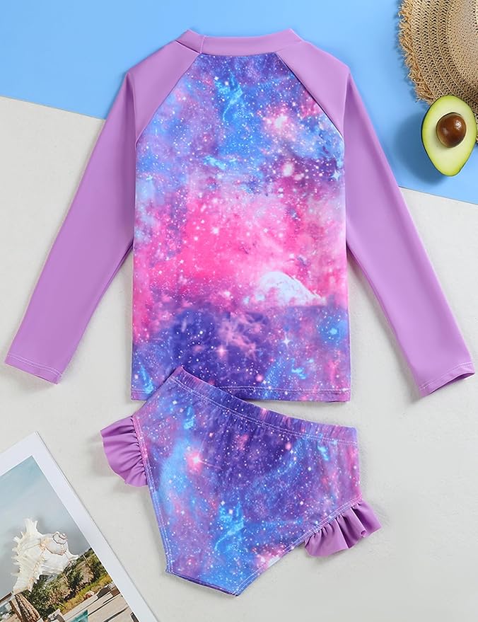 Little Girls Swimsuit Rash Guard Set Toddler Girl Long Sleeve Two Piece Bathing Suit with Ruffle Bikini Bottoms Swimwear