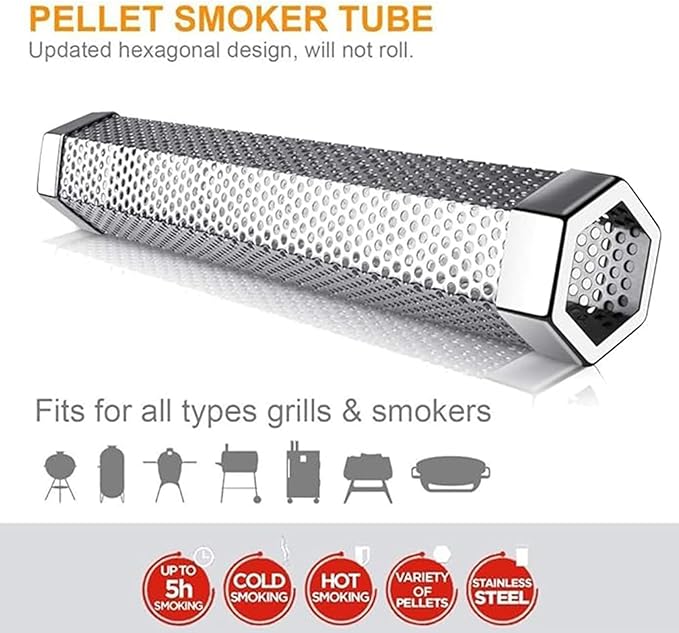 Pellet Smoker Tube, Pellet Charcoal BBQ Net, Stainless Steel BBQ Wood Pellet Tube Smoker with Ventilation Holes, Easy to Clean Reusable Grill Accessory for BBQ, Camping Essential 12Inch