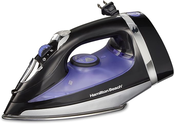 Hamilton Beach Steam Iron for Clothes Garment Steamer with Smooth Press Stainless Steel Soleplate, 1200 Watts, 8Ao Retractable Cord, Black (14214)