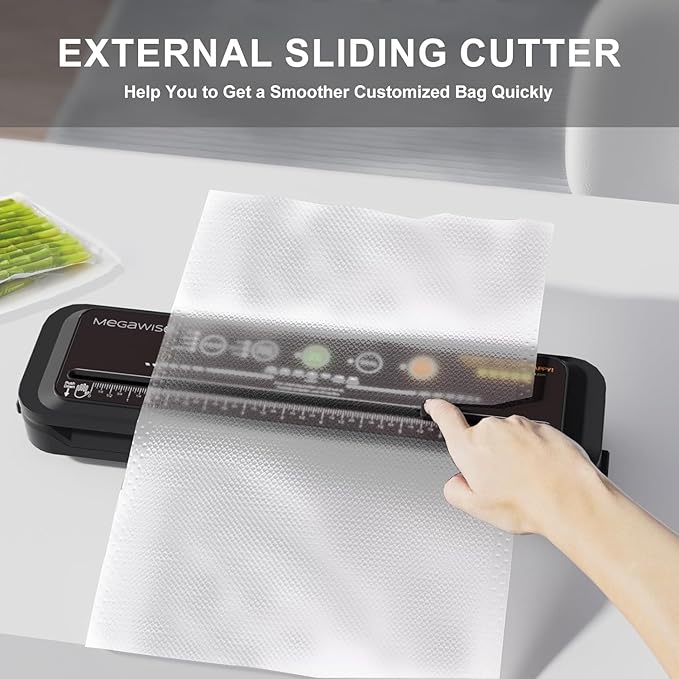 Updated Vacuum Sealer Machine (2025), MEGAWISE Food Sealer w/Starter Kit, Dry & Moist Food Modes, Compact Design with 10 Vacuum Bags & Built-in Cutter
