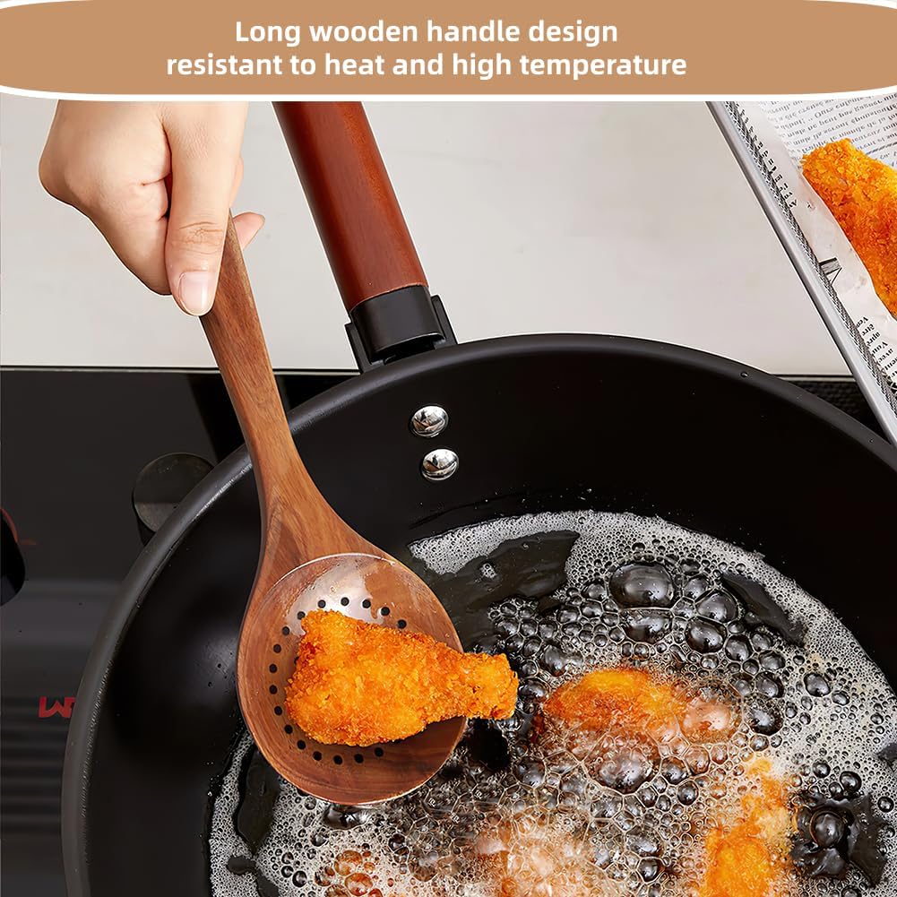 Wooden Strainer Spoon,Wooden Slotted Spoon for Cooking Wood Ladle with Holes Long Handle Skimmer Spoon for Straining Draining Egg Meat Noodles,11Inch