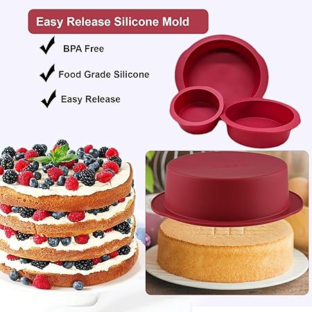 Nalchios 3-Piece Wine Red Silicone Round Cake Pans Set for Baking, Non-stick Flexible Silicone Baking Mold Pans for Layer Cake, Cheese Cake, Chocolate Cake 468 Inch
